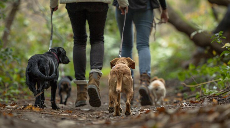 Freepik ALEXSTUDIO deux-individus-se-promenent-leurs-quatre-chiens-laisse-long-sentier-forestier_661495-51949